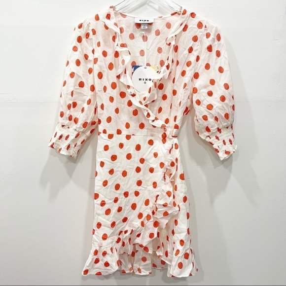 Rixo Target Puff Sleeve Dotted Wrap Mini Dress Cotton Blend Size Small - Picture 2 of 10
